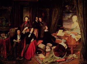 painting, Liszt at the piano surrounded by admirers